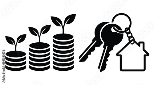 Investment growth and real estate keys black silhouettes on transparent background