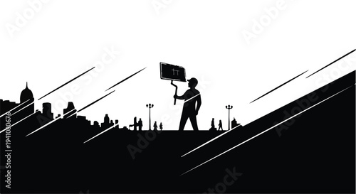 Lone protester holds sign aloft against a stylized cityscape and stormy sky.