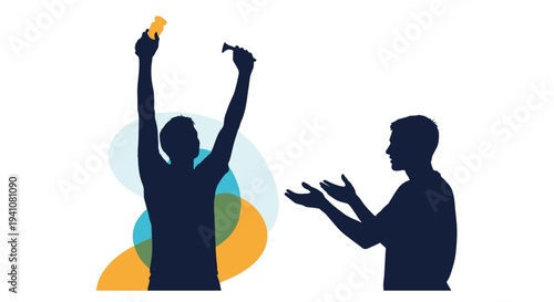 Two male silhouettes celebrate a victory with one person raising their arms high with objects while the other claps and cheers.