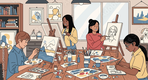 Children learning art in a studio, painting and drawing with easels and supplies