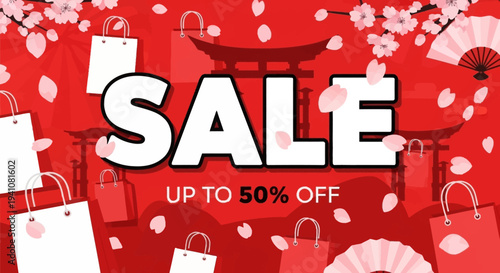 Japanese Sale Banner with Cherry Blossoms and Shopping Bags, Up to 50% Off