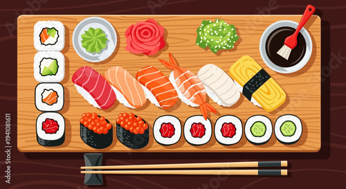 Japanese Sushi Platter: Assorted Nigiri, Maki Rolls, and Sashimi on Wooden Board