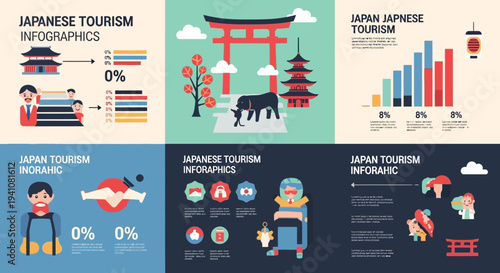 Japanese Tourism Infographics Set with Cultural Icons, Travel Statistics, and Landmark Illustrations
