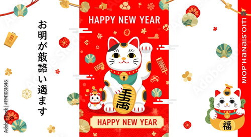 Lucky Cat Maneki Neko Happy New Year Greeting Card with Japanese Calligraphy