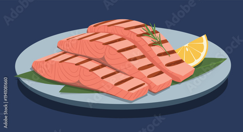 Delicious plate of three grilled salmon fillets served on a green leaf with a slice of fresh lemon and a sprig of rosemary.