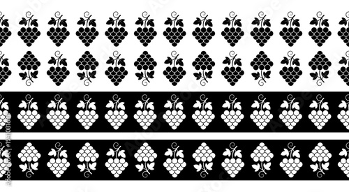 Grape bunches with leaves and tendrils seamless border pattern set. Black and white vineyard fruit vine stencil templates for label design, packaging, menu, scrapbooking, interior, restaurant.