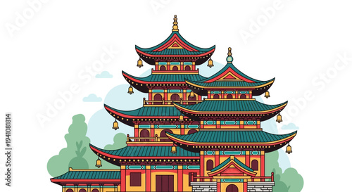 Traditional Asian Pagoda Temple Architecture with Green Roofs and Bells