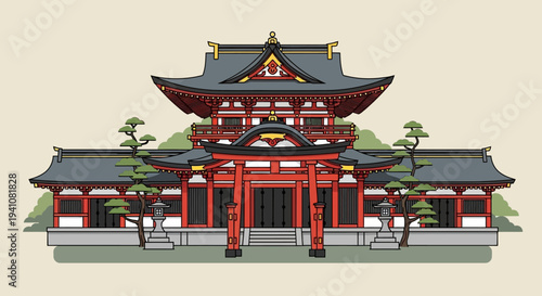 Traditional Japanese Shrine Architecture with Torii Gate and Pagoda Style Roof