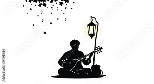 Musician plays traditional instrument under a glowing lantern, with falling leaves and musical notes overhead.