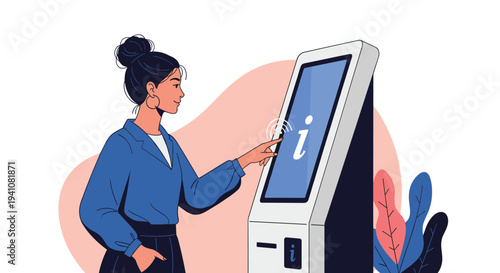 Young woman with a bun hairstyle uses her finger to touch the screen of a modern white information kiosk in a public space.