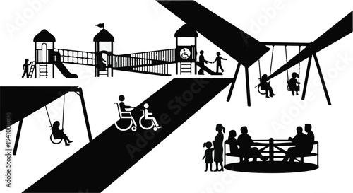 Diverse children and families enjoying an inclusive and accessible playground with swings and play structures.