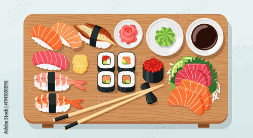 Assortment of Sushi and Sashimi on Wooden Platter with Chopsticks and Soy Sauce
