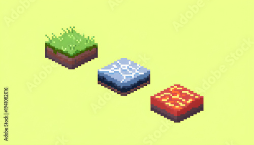 Isometric Pixel Art Game Terrain Tiles with Grass Ice and Lava Blocks