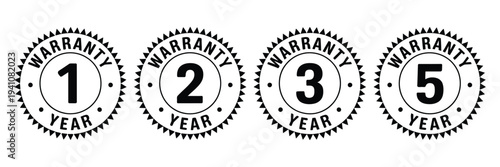 1 2 3 5 Year Warranty Logo Vector, black and white design, product assurance and quality coverage symbol, trust and reliability icon for consumer goods, editable vector illustration.