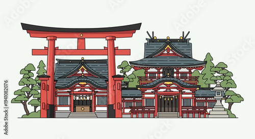 Japanese Shrine Architecture: Torii Gate and Traditional Buildings with Trees
