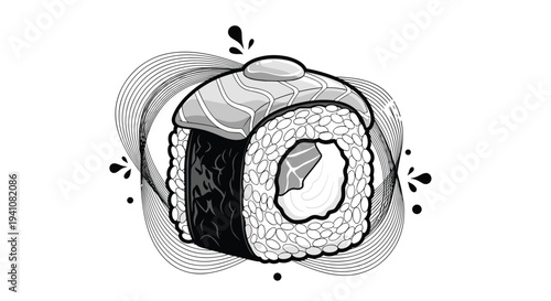 Detailed black and white illustration of a sushi roll topped with a slice of salmon and sauce, surrounded by decorative artistic swirls.