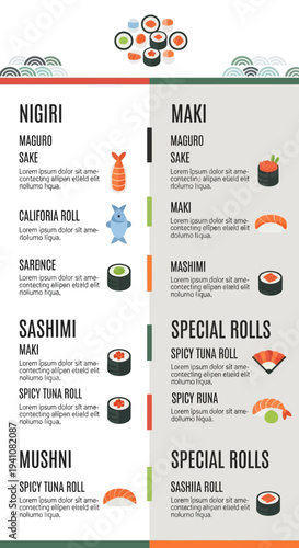 Japanese Sushi Menu Design: Nigiri, Maki, Sashimi, and Special Rolls