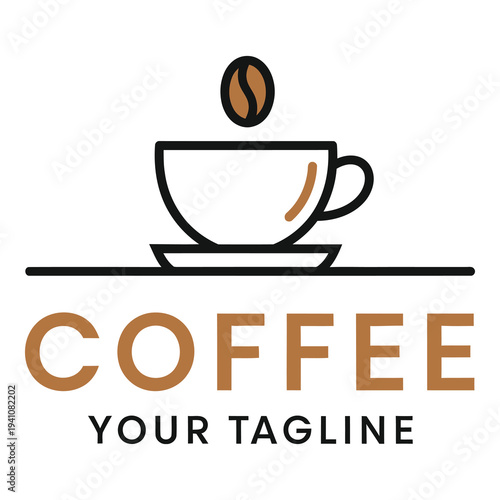 Coffee cup and saucer with coffee bean on top minimalist design icon