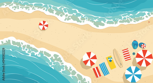 Aerial view of a sandy beach coastline with blue waves, colorful striped umbrellas, towels, and various summer vacation accessories.