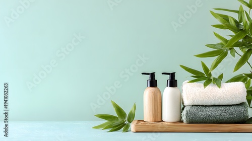 Spa Bathroom Essentials - Towels, Lotions, and Greenery.