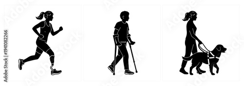 Disability inclusion silhouettes set, prosthetic leg runner crutches walking patient and guide dog assistance illustration