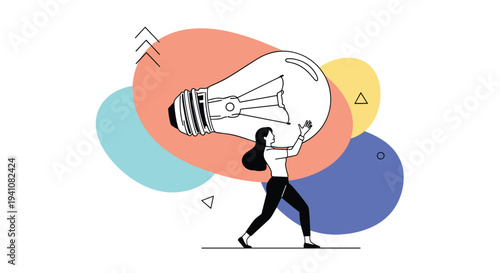 Conceptual illustration of a woman carrying a giant glowing light bulb on her back, representing the effort behind a big creative idea.
