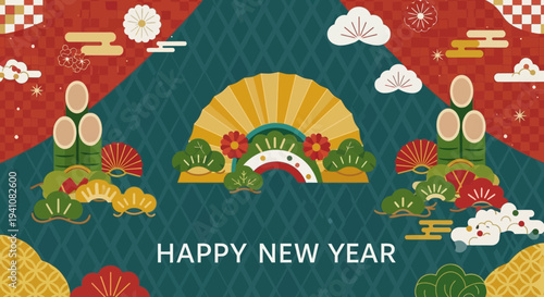 Happy New Year Japanese Traditional Festive Background with Fan and Pine