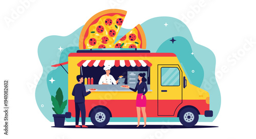 Hungry customers buying fresh pepperoni pizza from a bright yellow and red food truck parked in a park with a giant pizza slice.