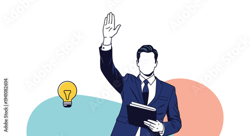 Professional businessman raising his hand to ask an insightful question or share an idea during a corporate training presentation.