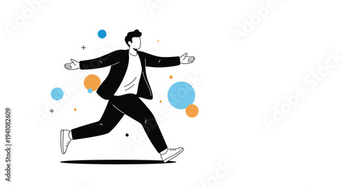 Enthusiastic man in a professional black suit running with open arms against a white background with colorful abstract circles.