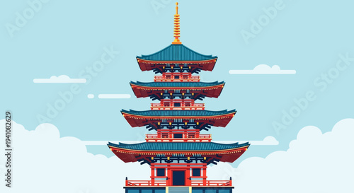 Japanese Pagoda Architecture, Traditional East Asian Temple, Flat Design Illustration