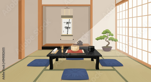 Japanese Tea Ceremony Room with Bonsai Tree and Scroll