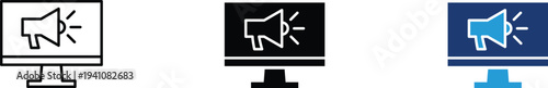 Digital marketing icon on computer screen showing online advertising. Megaphone illustration for social media promotion, content broadcasting, and business announcement display.