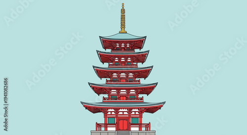 Japanese Pagoda Tower, Traditional Architecture, Red and Blue Design, Minimalist Background