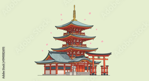 Pixel Art Japanese Pagoda Temple with Torii Gate and Cherry Blossoms