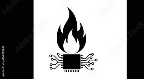 Burning Computer Chip Icon: Technology Overheating Concept