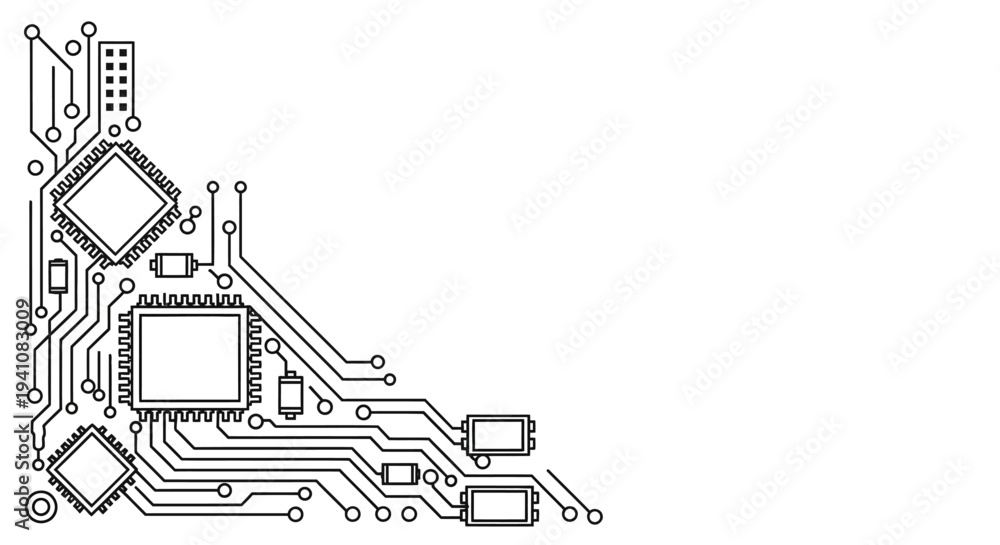 Obraz premium Corner Design with Computer Circuit Board Elements and Microchips