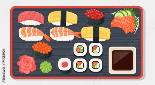 Assortment of Fresh Sushi and Sashimi Platter with Soy Sauce and Wasabi