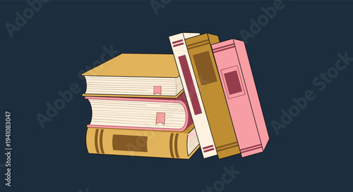 Stack of colorful hardcover books with bookmarks placed against a dark blue background representing learning and modern literature.