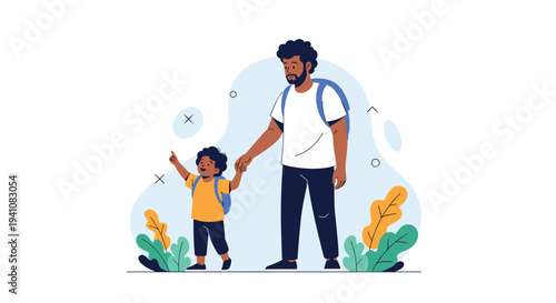 Father and son wearing backpacks and holding hands while walking outdoors past bushes and trees during a fun nature hiking trip.
