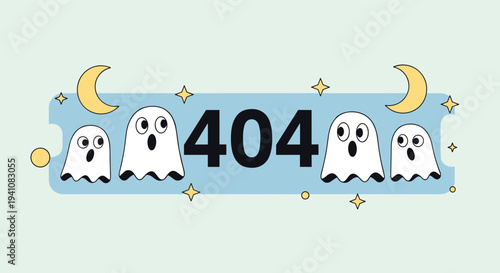 Playful error 404 page design featuring cute white ghosts and crescent moons on a blue banner indicating a missing website page.