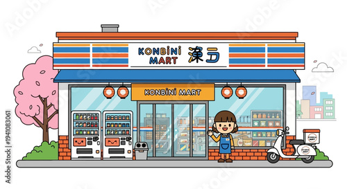 Cute Japanese Convenience Store with Vending Machines and Scooter