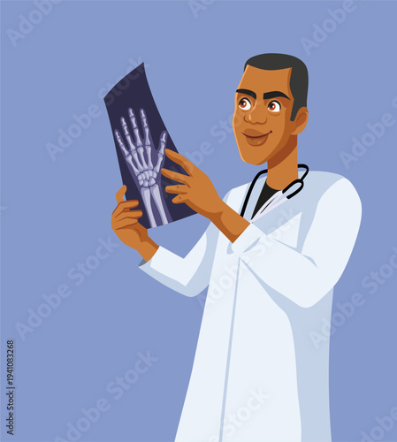 Male Doctor Checking Hand X Ray Vector Illustration. Radiologist specialist examining patient hand x-ray film