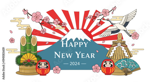 Happy New Year 2024: Japanese Mount Fuji, Sunrise, Crane, Bamboo, Daruma Dolls