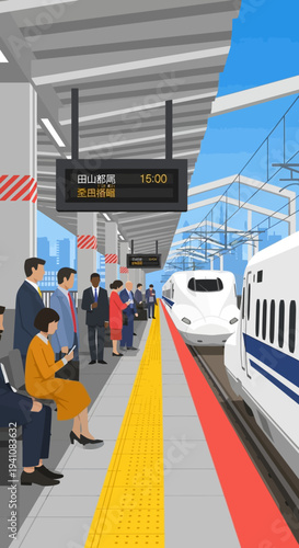 High-speed train arriving at a modern station platform with diverse commuters