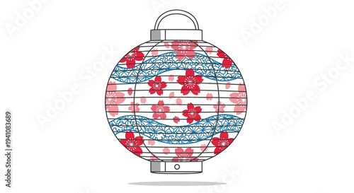 Japanese Lantern with Cherry Blossoms and Wave Pattern