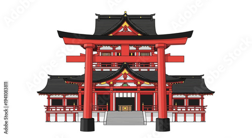 Traditional Japanese Shrine with Torii Gate on White Background
