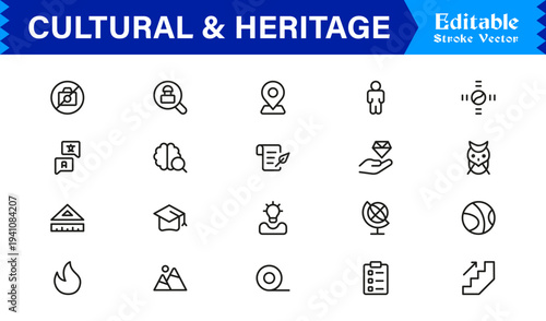 Cultural and Heritage Line Icon Set with Professional, Modern, and Minimal Editable Pixel-Perfect Icons for Diverse Traditions and Historical Themes