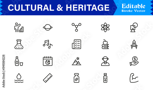 Cultural and Heritage Line Icon Set with Professional, Modern, and Minimal Editable Pixel-Perfect Icons for Diverse Traditions and Historical Themes