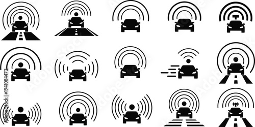 Collection of autonomous vehicle icons featuring smart cars with radar sensors signal waves and navigation cad drawing flat vector illustration